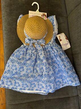 Blueberi Boulevard Blue and White Eyelet Dress with Straw Sunhat